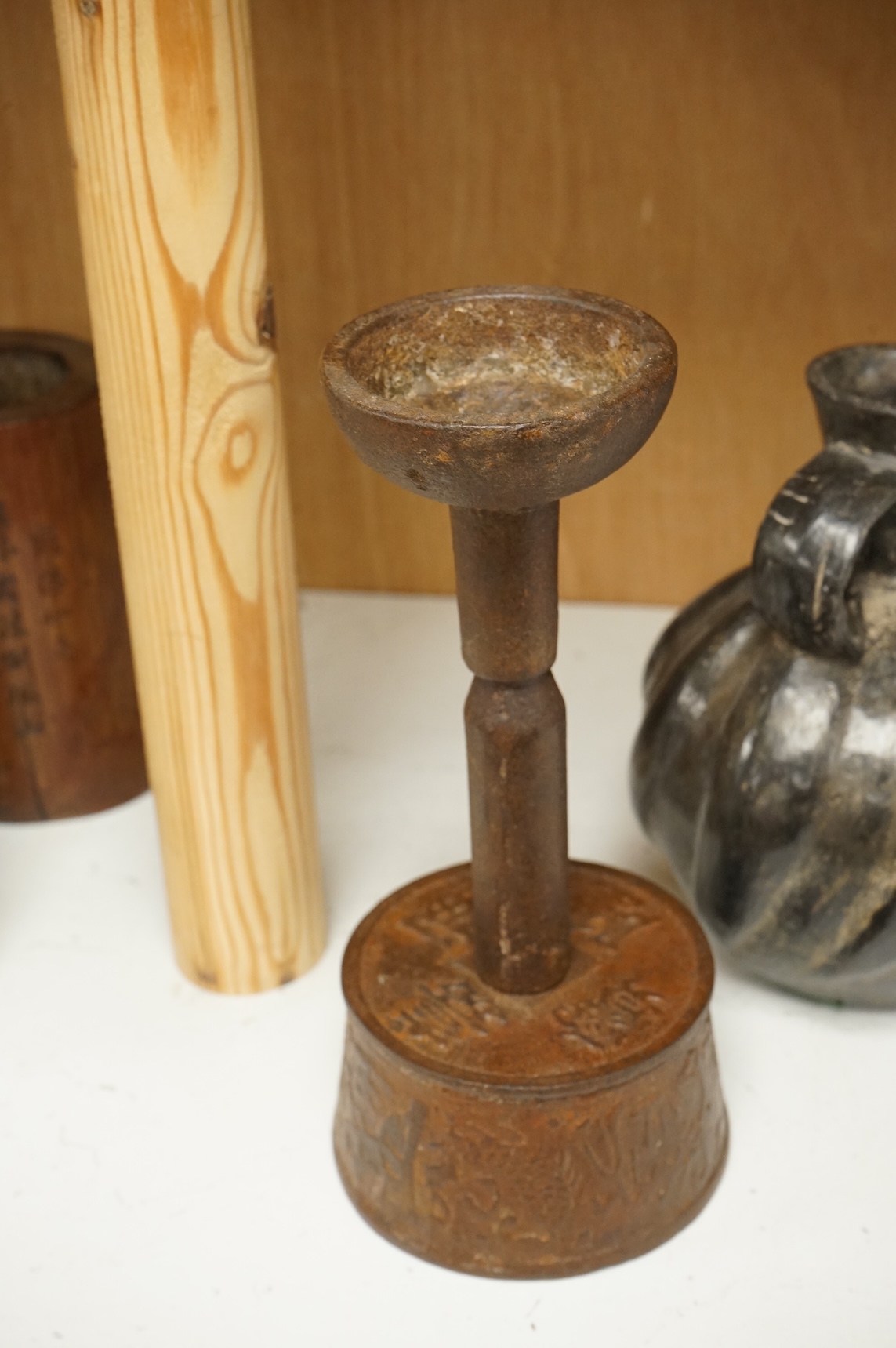 Oriental items to include a crackleglaze bowl on stand and a bamboo brush pot, together with two other vessels, largest 27cm in diameter